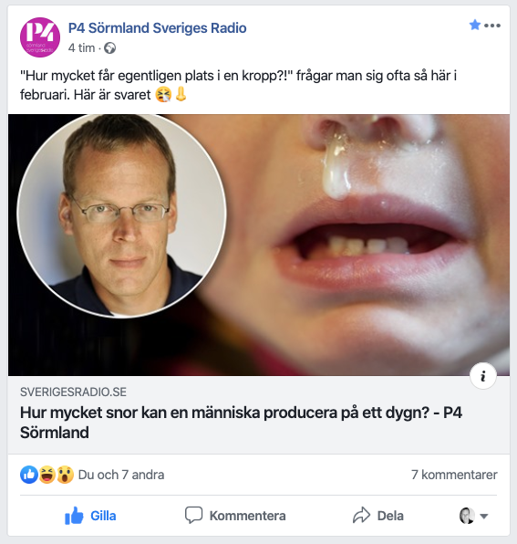 Torsdag 13 februari var Fråga Apotekaren (Fredrik Hed) med i direktsändning i P4 Radio Sörmland och pratade med programledaren Johanna Iggsten om det härliga ämnet snor.